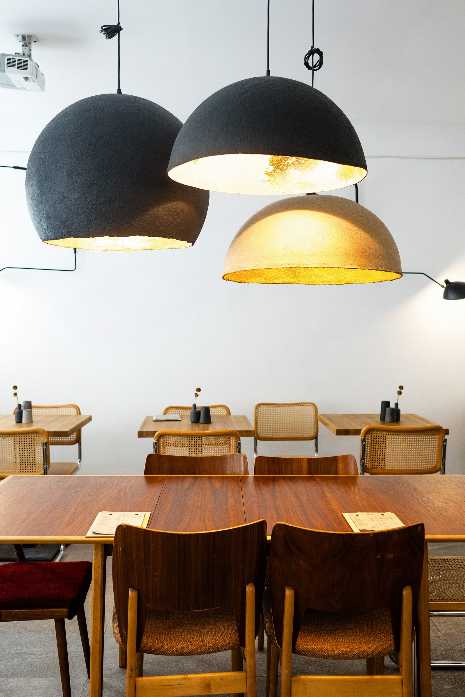 Dining room with a solid wood table and upholstered dining chairs