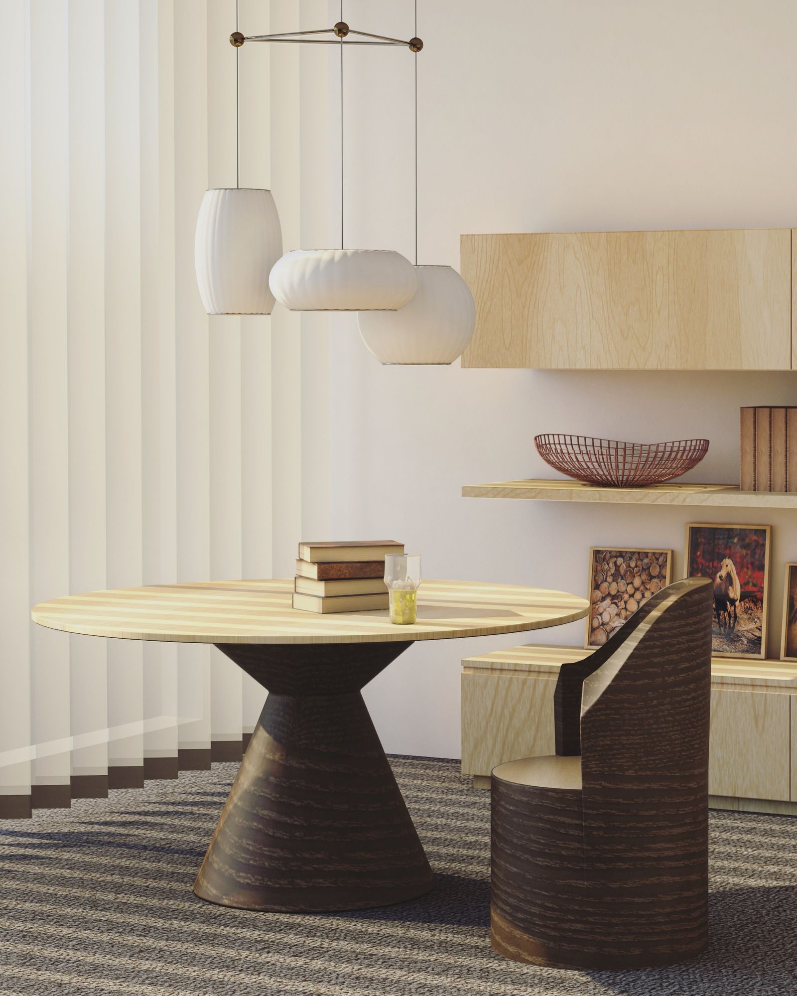 Close-up of a wood coffee table with styled decor