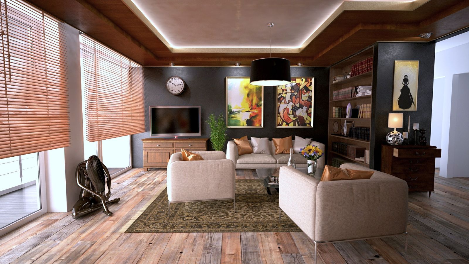 Living room with a generous sofa, layered textures, and warm wood tones