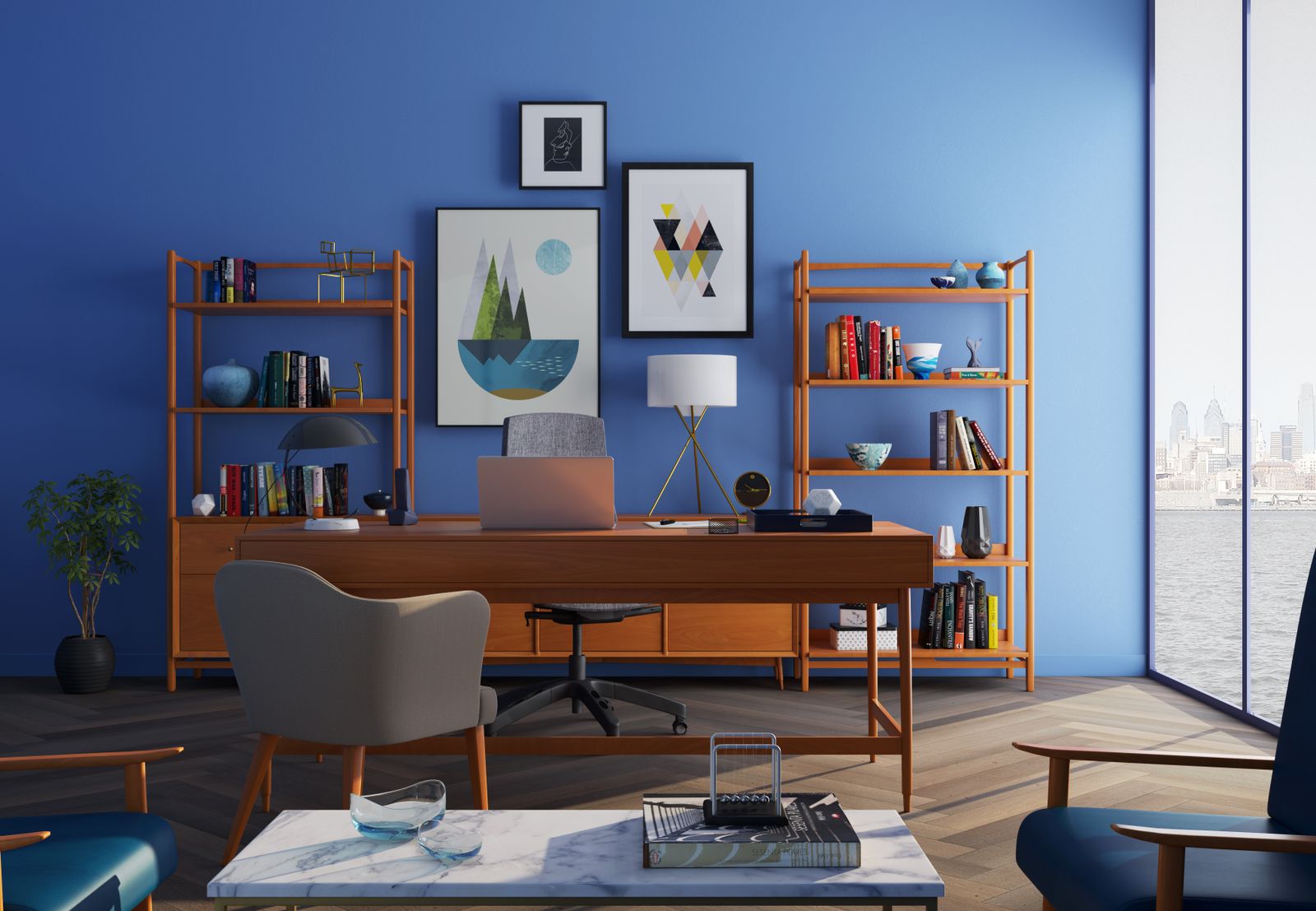 Home office with a wood desk, comfortable chair, and shelving